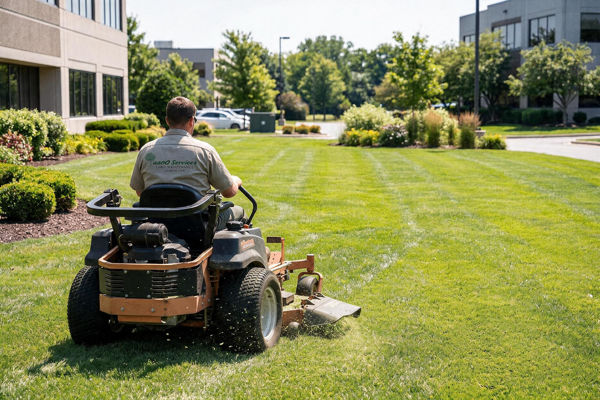 Person mowing a green lawn with a riding mower between office buildings.