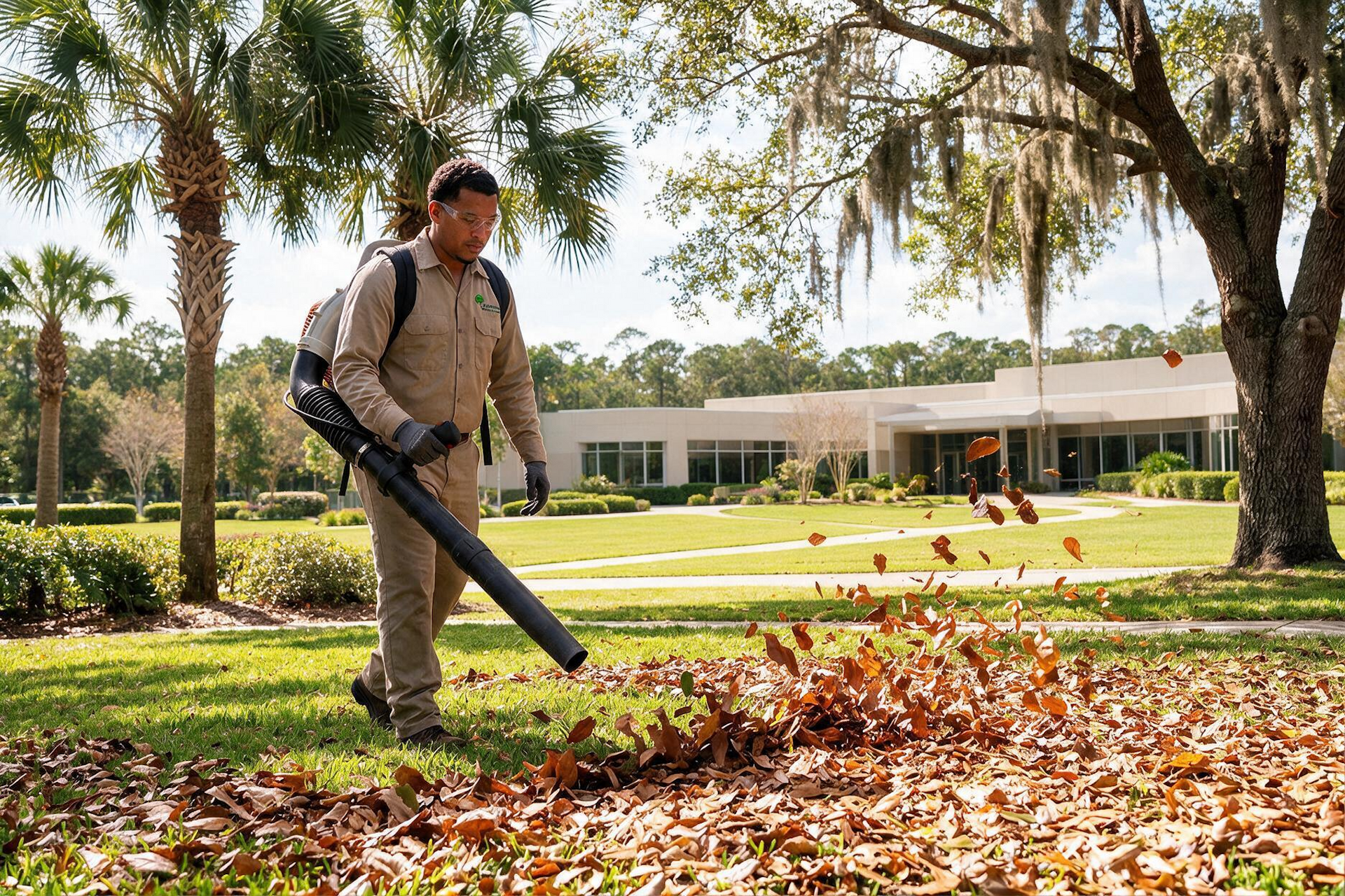 Person using a leaf blower to clear autumn leaves on a lawn near palm trees and a building.
