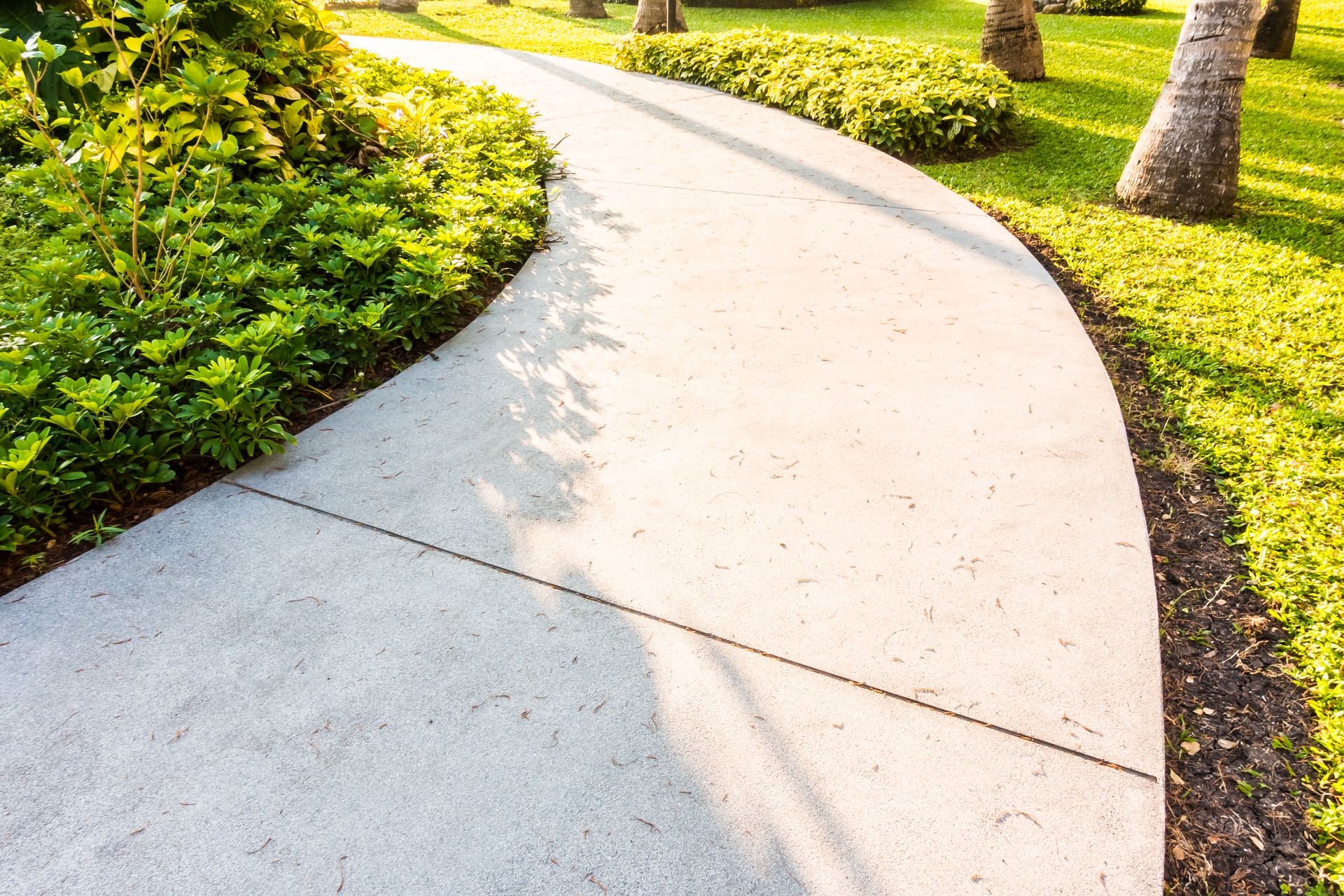 A concrete walkway in a park surrounded by grass and trees.