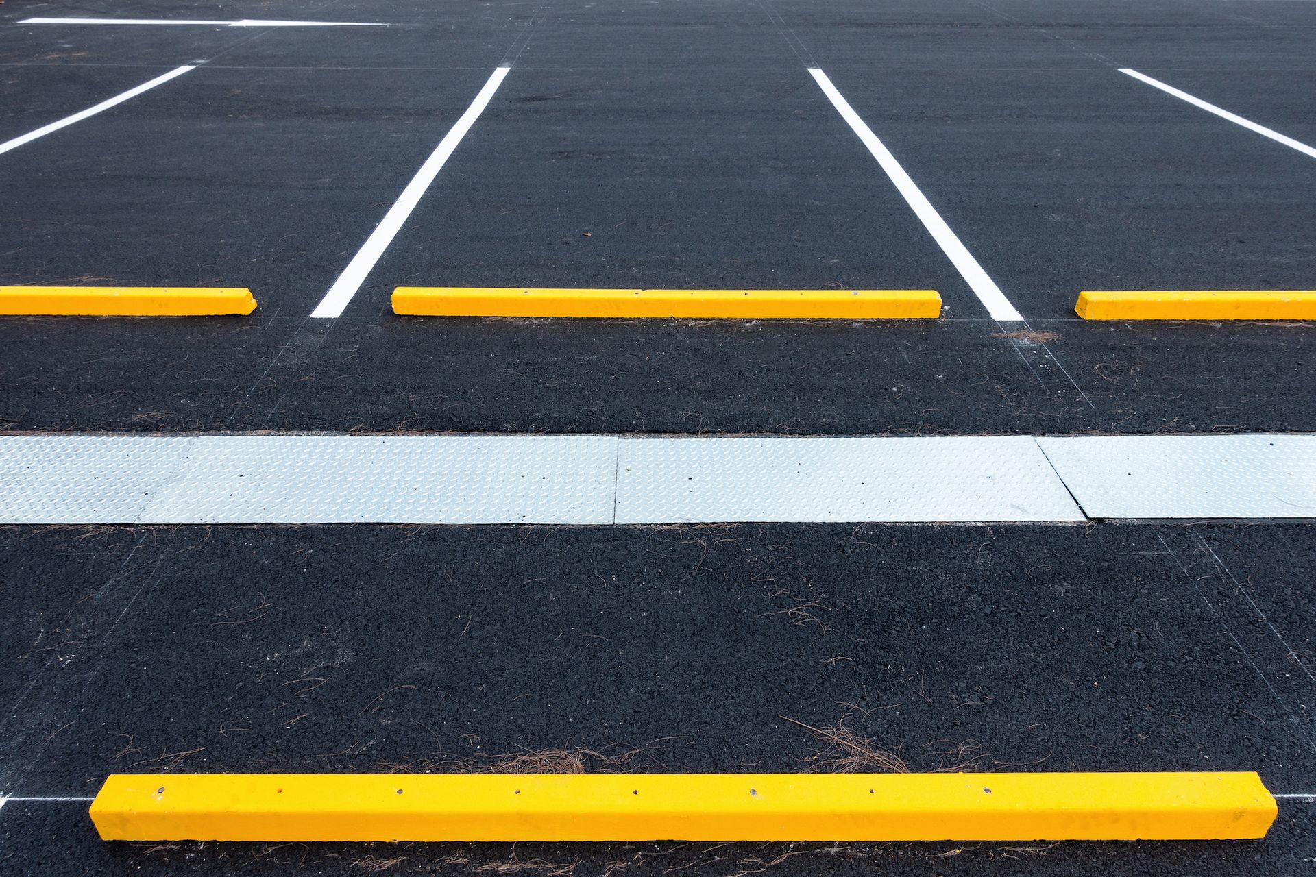 A parking lot with yellow curbs and white lines on the road.