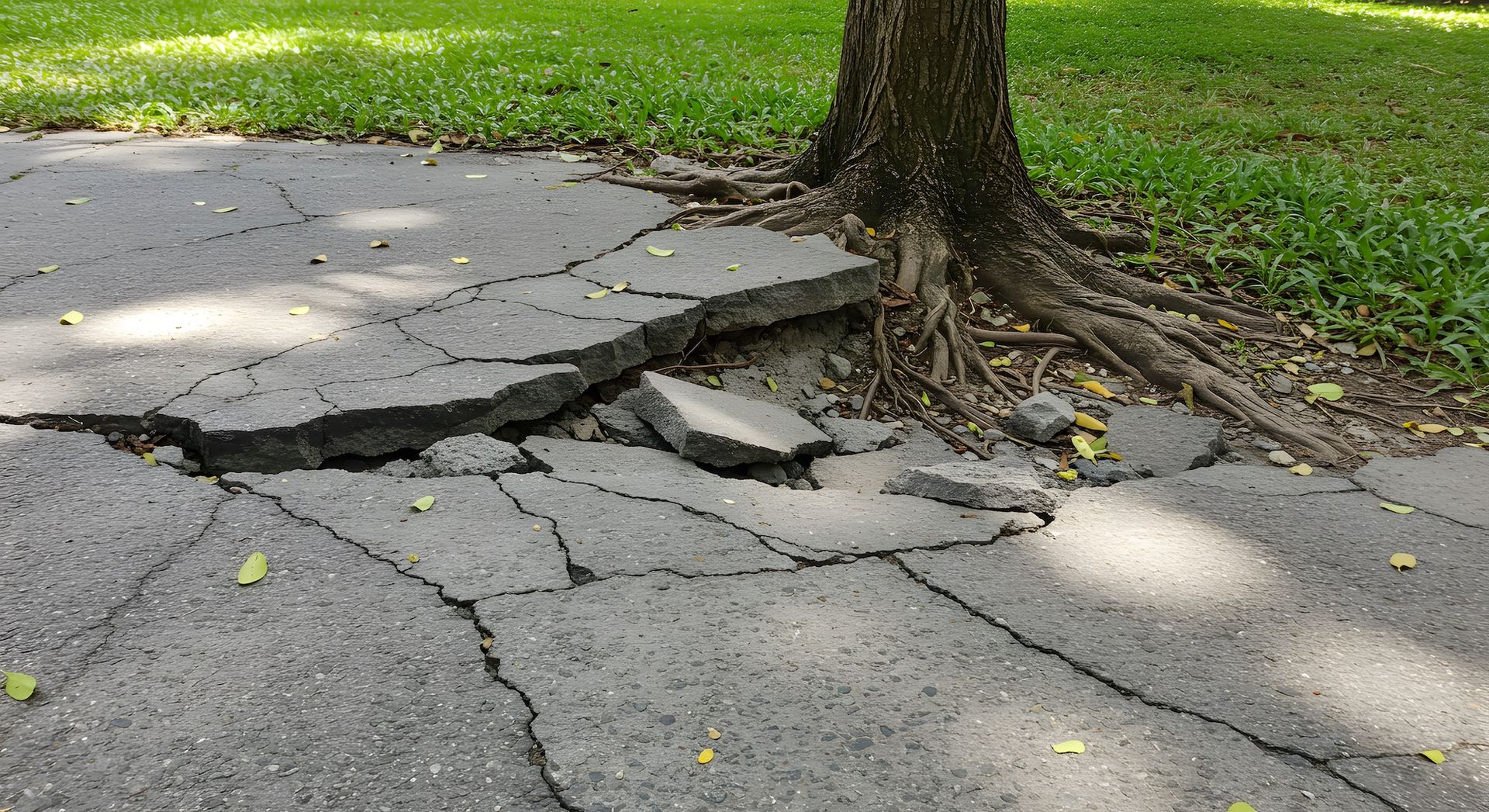 Cracked asphalt pavement next to a tree trunk with exposed roots, causing the pavement to be broken up. Green grass is in the background.