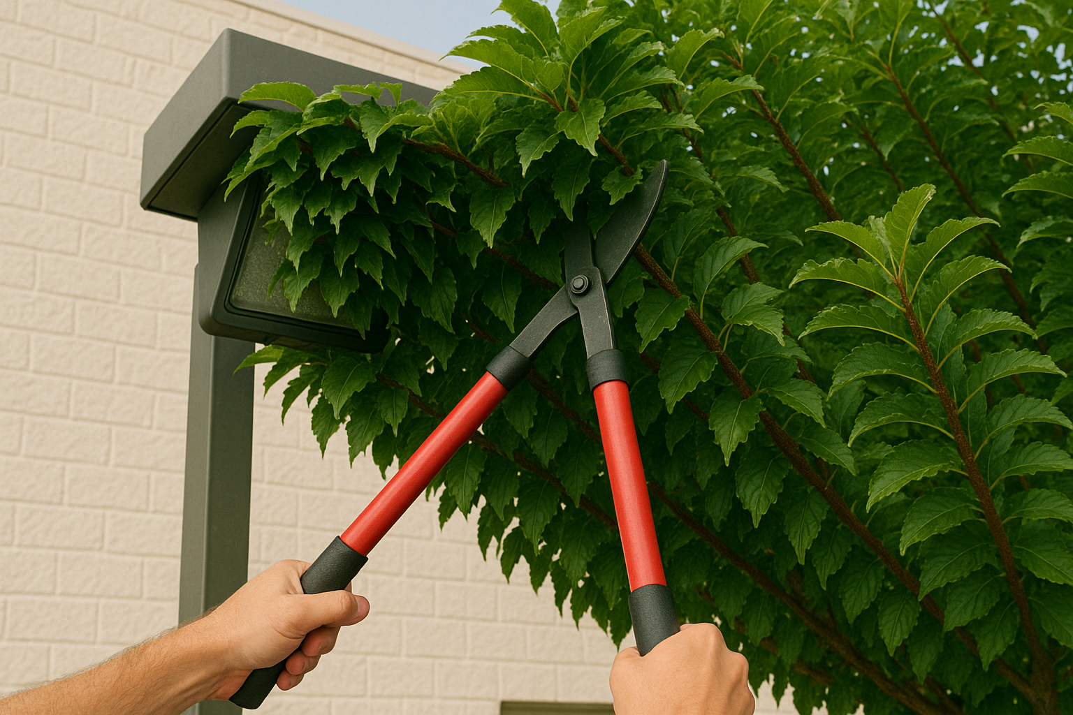 Person pruning a tree with red-handled shears next to a building.