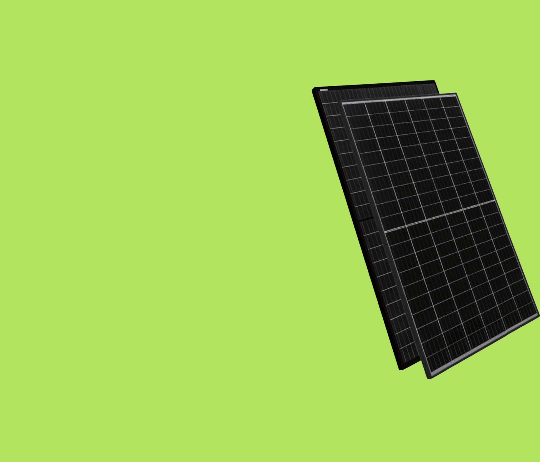 Two black solar panels are sitting on top of each other on a green background.