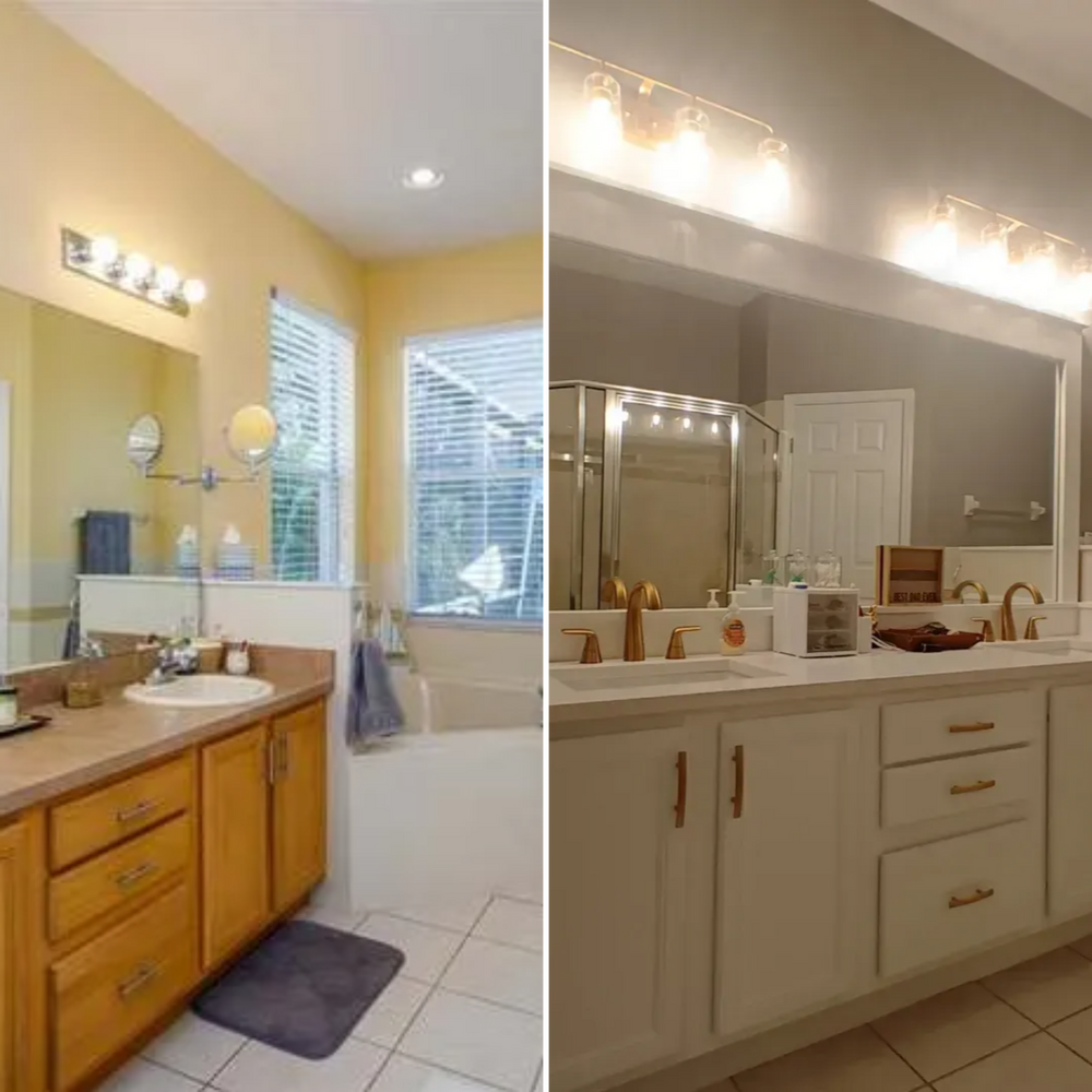 A before and after photo of a bathroom with two sinks