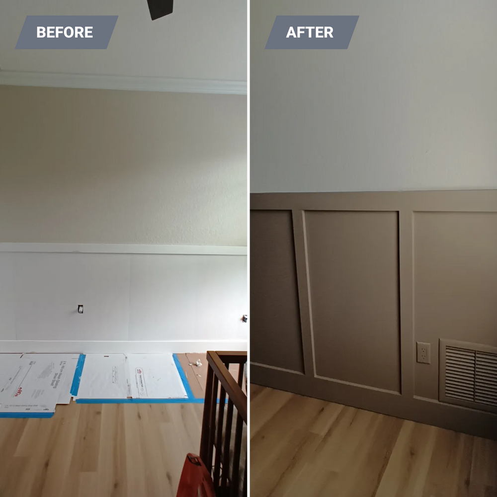 A before and after photo of a room with wood paneling