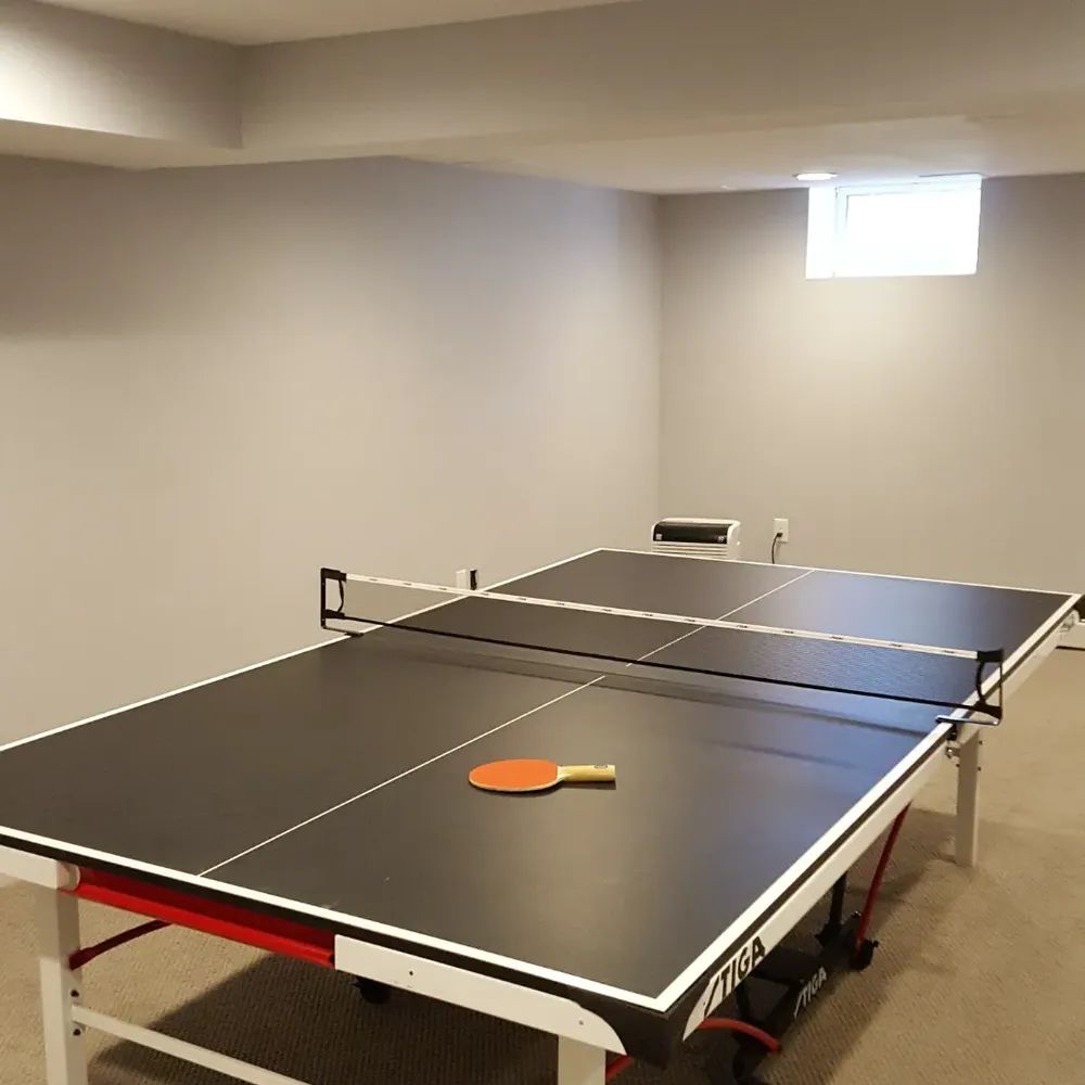 A ping pong table with a paddle on it
