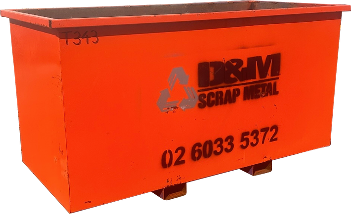 Bright orange metal scrap bin with D&M Scrap Metal logo, sitting on wooden supports.