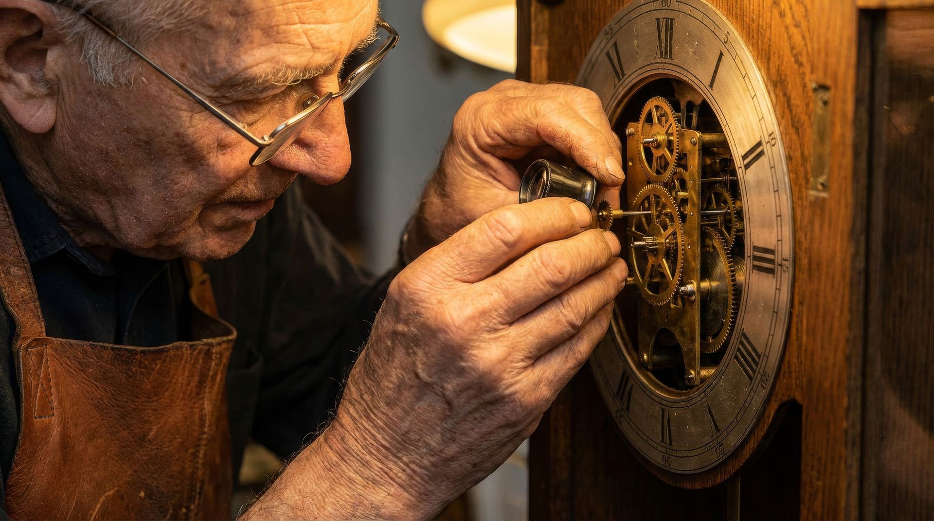 An artisan carefully repairs a gold clock mechanism with tools, focusing closely on intricate gears.