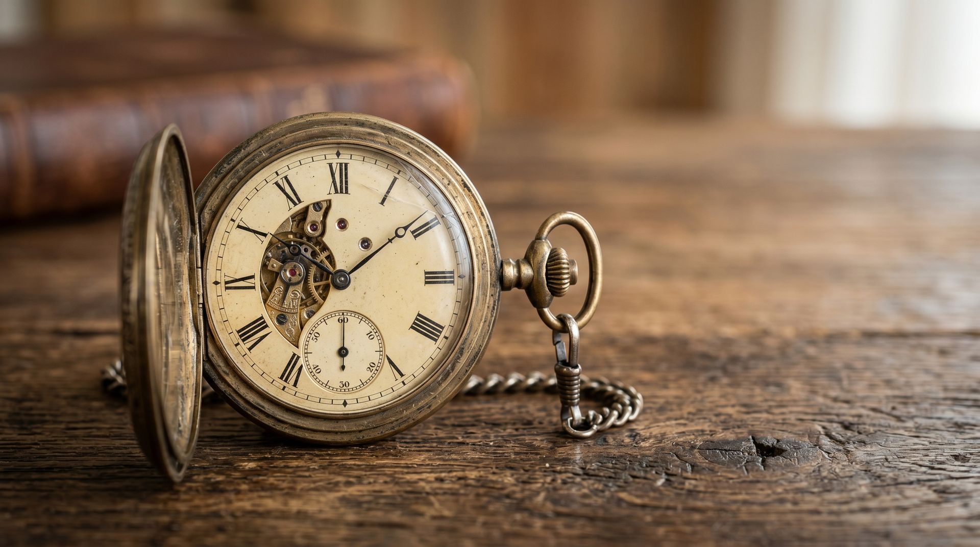 A man's hand winding a grandfather clock Antique pocket watch with open cover on a rustic wooden table, showing a vintage clock face and chain.