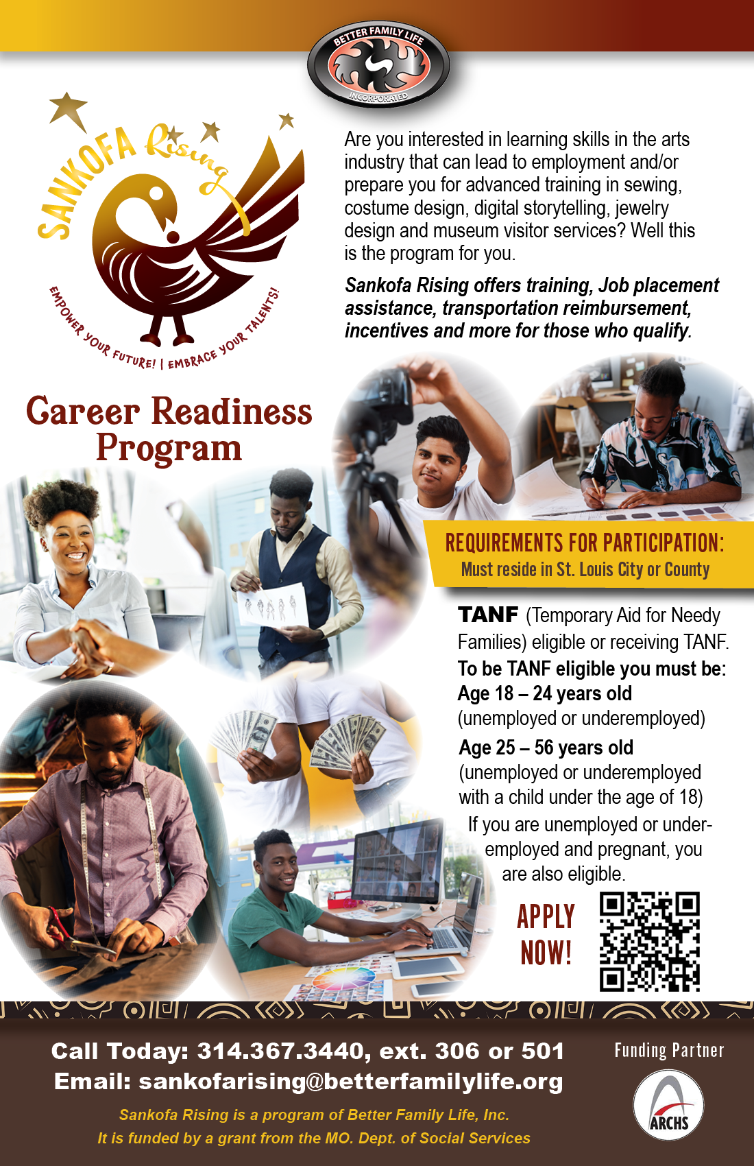 Flyer for career readiness program with photos of participants. Requirements listed.