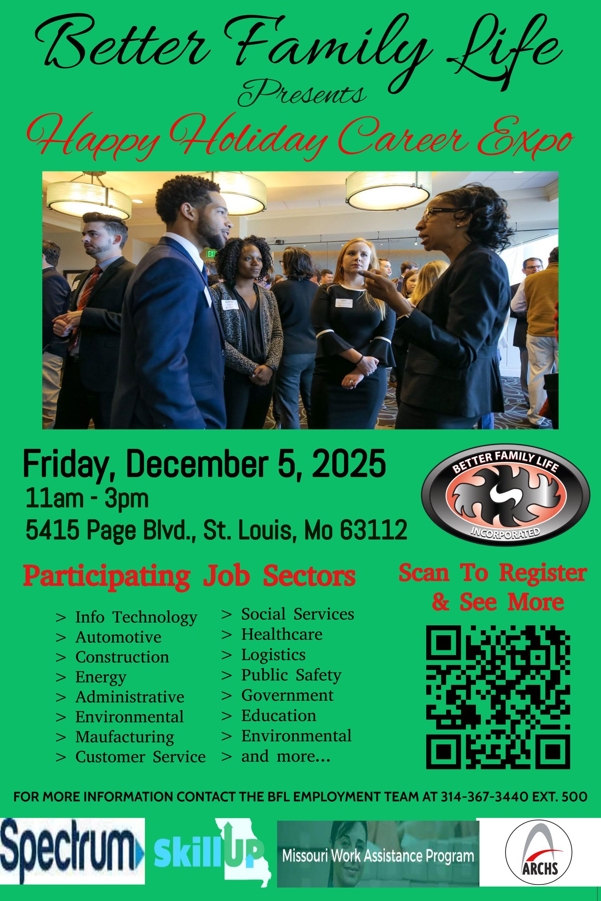 Career expo flyer: people talking, black text on green, date December 5, 2025, St. Louis location, job sectors listed.