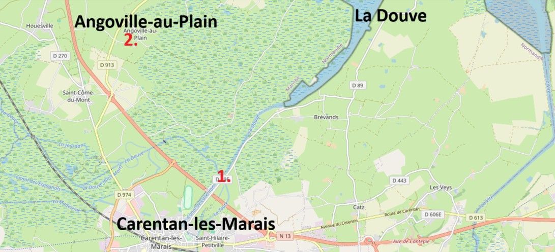 Kaart van Carentan-les-Marais en Angoville-au-Plain, met La Douve in het oosten.