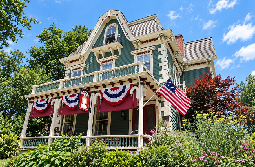 Victorian house with patriotic red, white, and blue bunting and an American flag on the porch