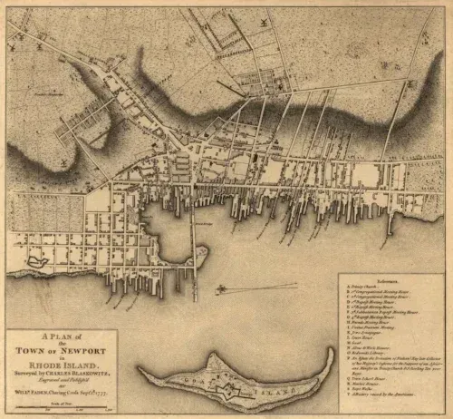 Antique sepia map of Newport, Rhode Island waterfront and harbor with legend panel