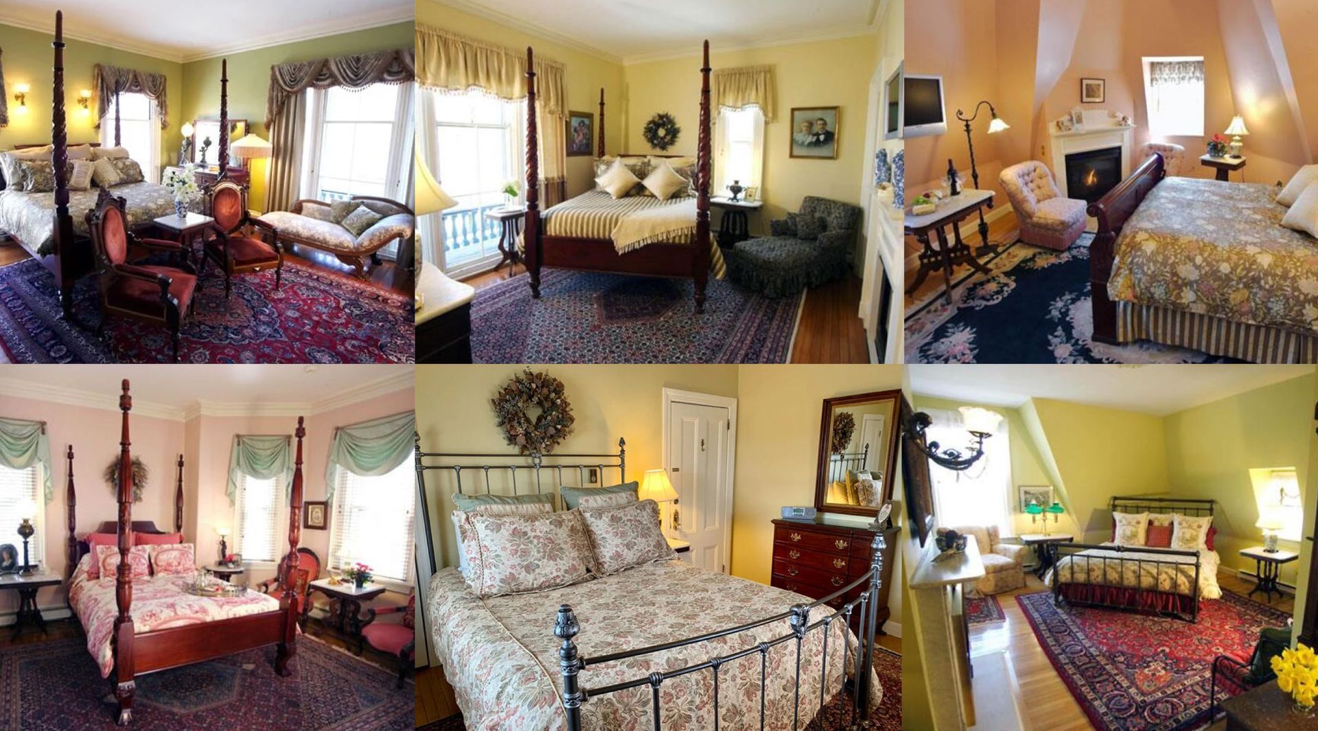 Collage of six cozy vintage bedrooms with floral bedding, lamps, windows, and warm yellow walls