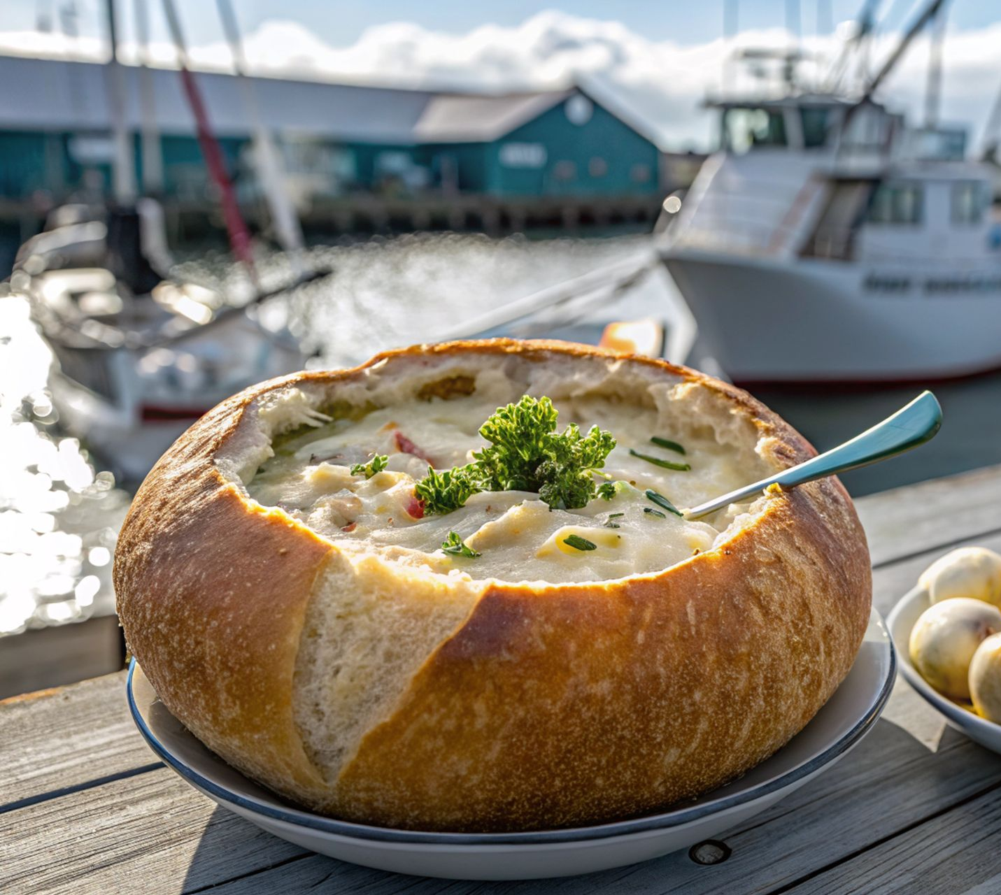Creamy seafood soup in a bread bowl on a dockside table, with boats and marina in the background