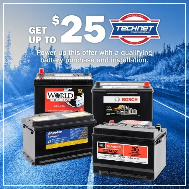 A group of batteries on a road with the words get up to $ 25 | AK Auto Repair
