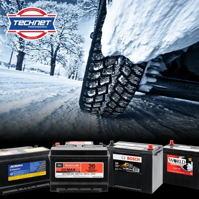 Tire in icy road with car batteries on the bottom - AK Auto Repair