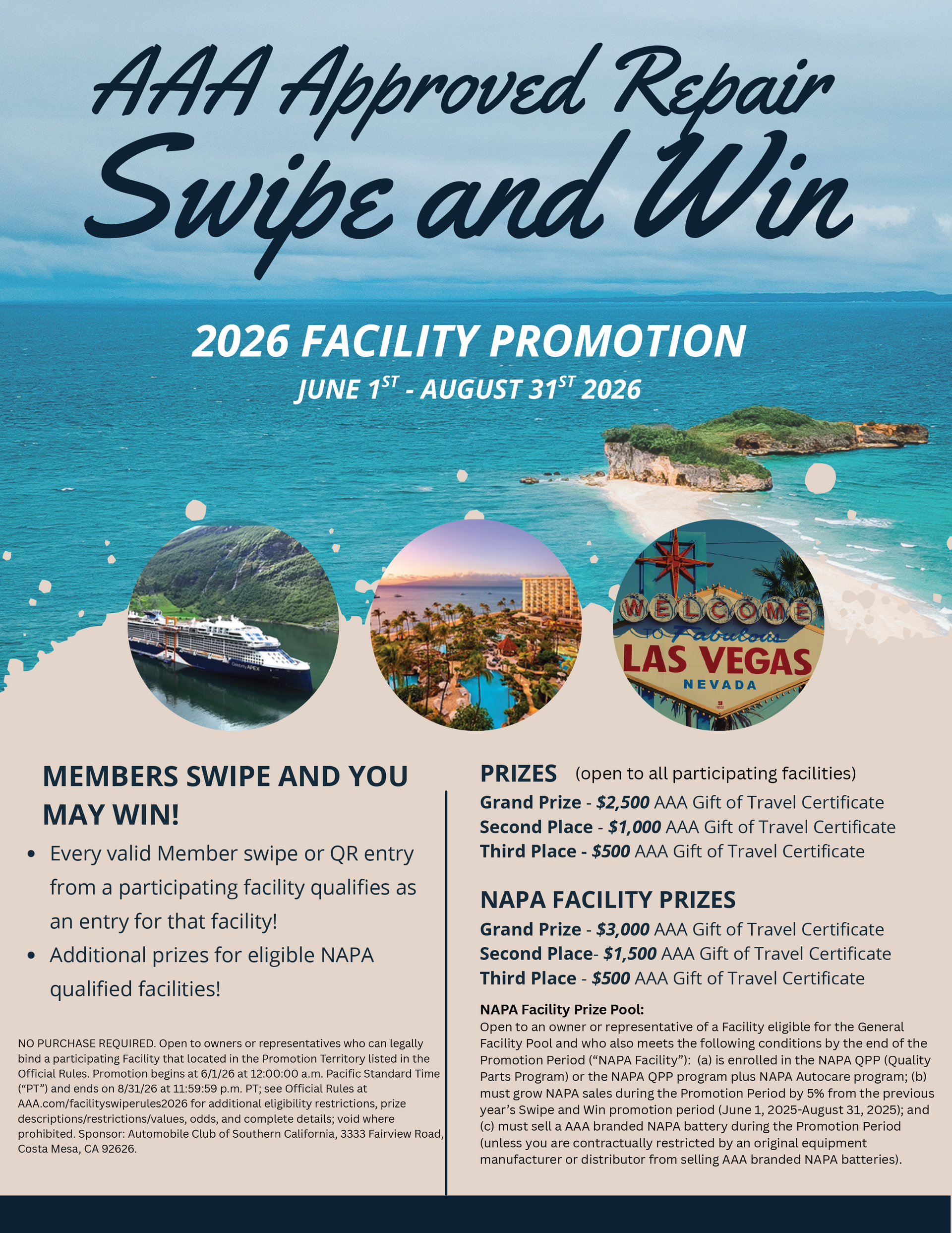 AAA Approved Repair “Swipe and Win” 2026 facility promotion poster with tropical beach and Las Vegas imagery  | AK Auto Repair