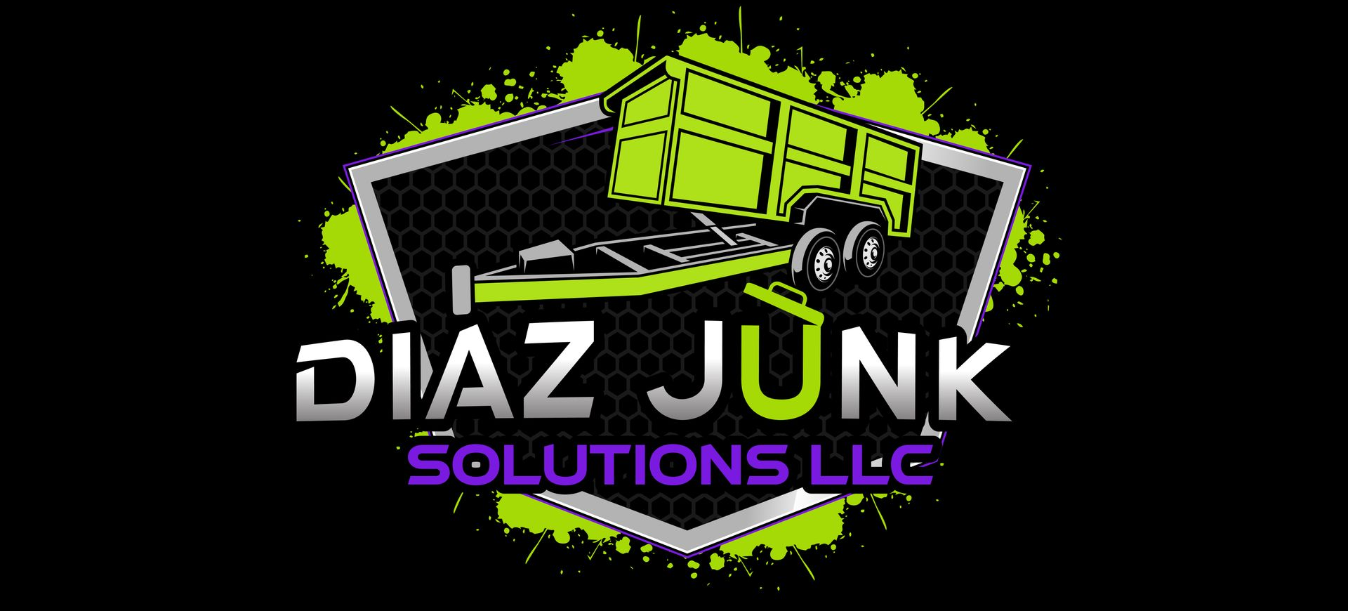 Logo for Diaz Junk Solutions LLC: Trailer image within a hexagon, black background, green and silver text.