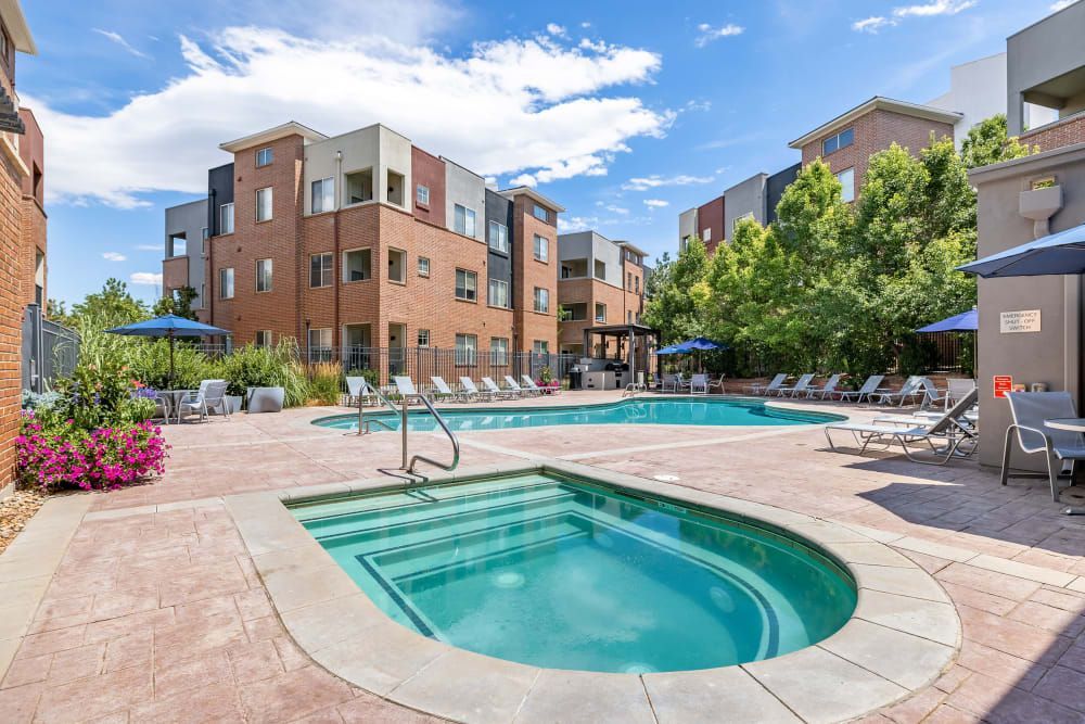 Hot tub and swimming pool at Marq Inverness in Englewood, CO.