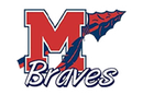 Red and blue logo with letter M, word Braves with a tomahawk and feather