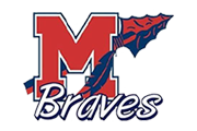 Red and blue logo with letter M, word Braves with a tomahawk and feather