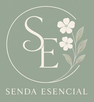 Logotipo para Senda Esencial: monograma SE blanco, flores y hojas sobre un fondo verde apagado.