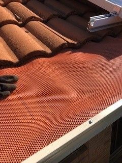 A close up of a gutter on a roof with leaves on it.