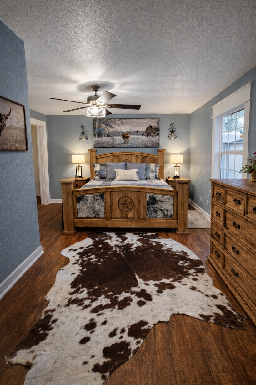 Rustic bedroom with wooden bed, cowhide rug, nightstands, lamps, and ceiling fan