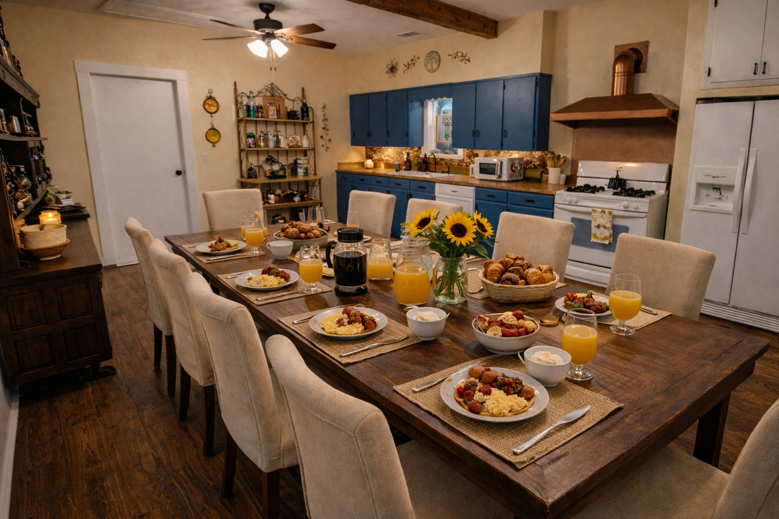 Dining table set for a meal in a cozy kitchen with blue cabinets and sunflowers.