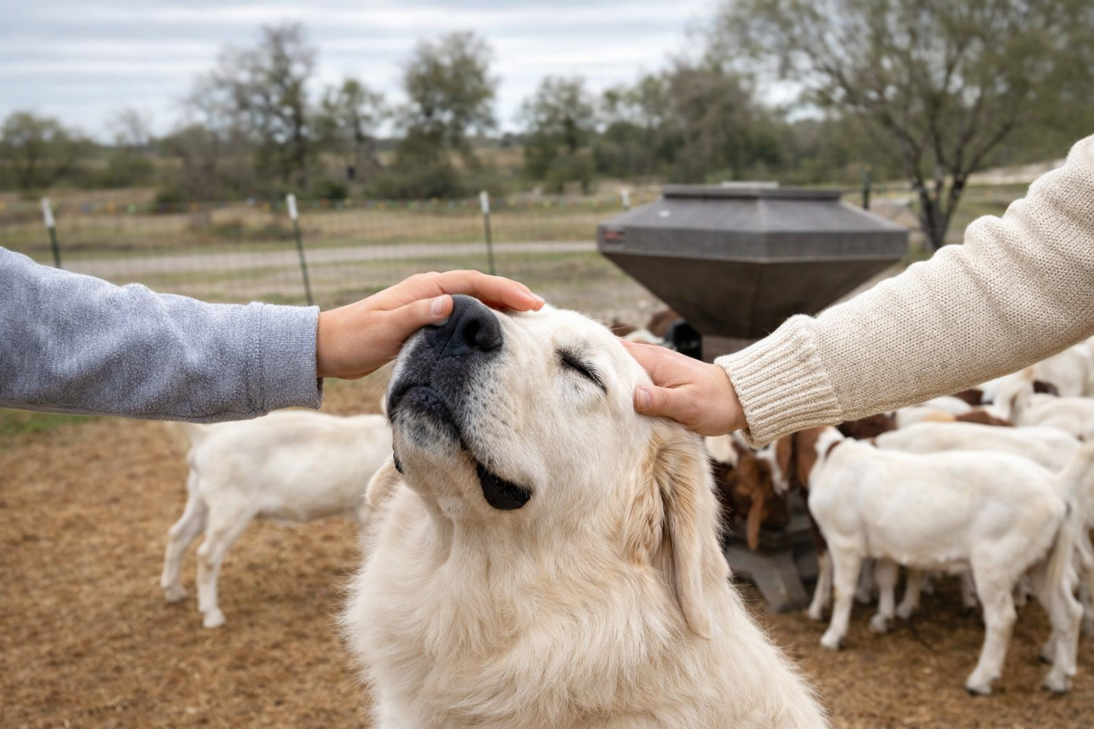 People petting a large white dog outdoors with other goats or sheep in the background