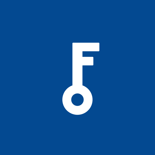 White key icon on a blue square background.