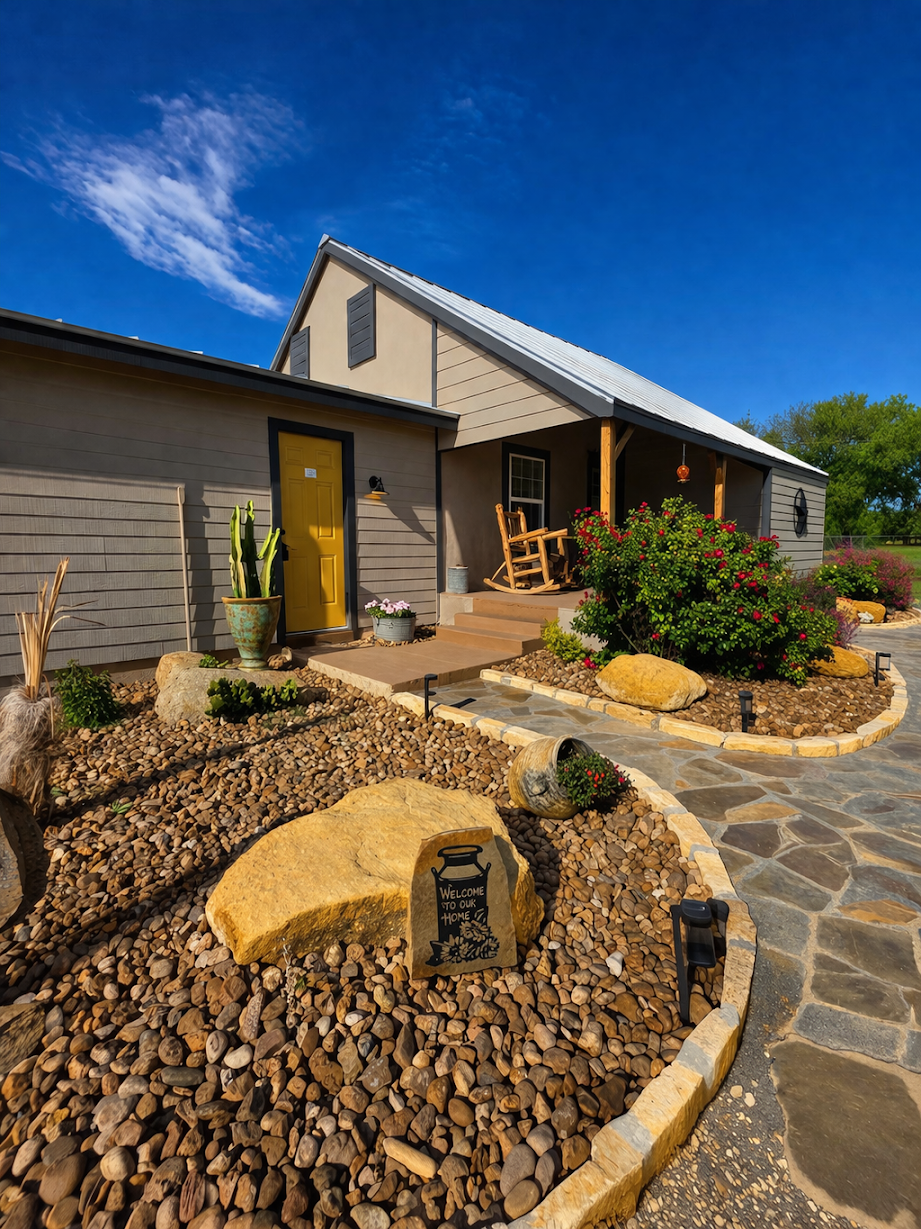 Modern house exterior with yellow door, stone walkway, and landscaped rock garden under a blue sky