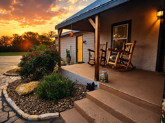Sunset view of a house porch with rocking chairs, steps, and landscaped garden