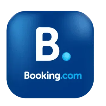 Booking.com app icon: blue rounded square with white “B” and light blue dot.