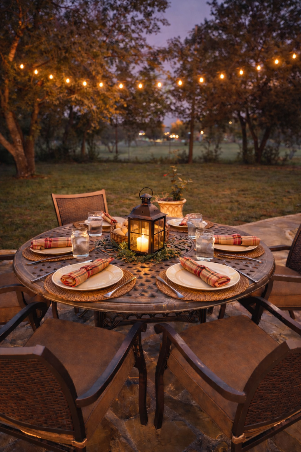 Round wooden table set for dinner outdoors at dusk, with lanterns and string lights in a garden.