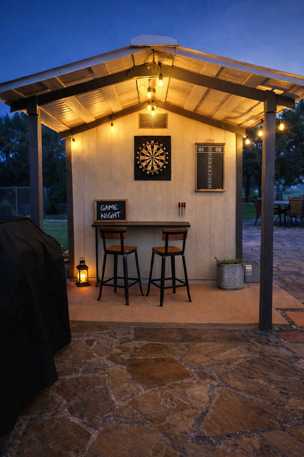 Small outdoor café hut with warm string lights, a table and stools, and a chalkboard sign at dusk