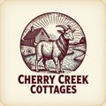 Cherry Creek Cottages logo with a goat in front of a cabin and creek, in maroon line art.