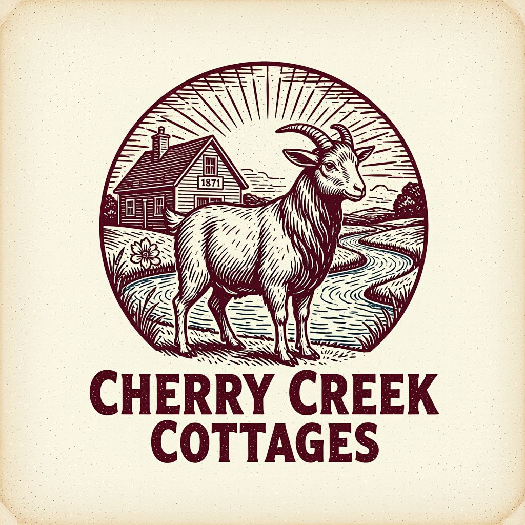 Cherry Creek Cottages logo with a goat in front of a cabin and creek, in maroon line art.