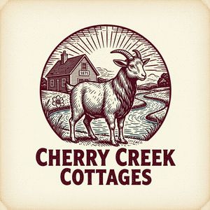 Cherry Creek Cottages logo with Goat, house and creek in vintage Maroon