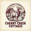 Cherry Creek Cottages logo with a goat in front of a cabin and creek, in maroon line art.