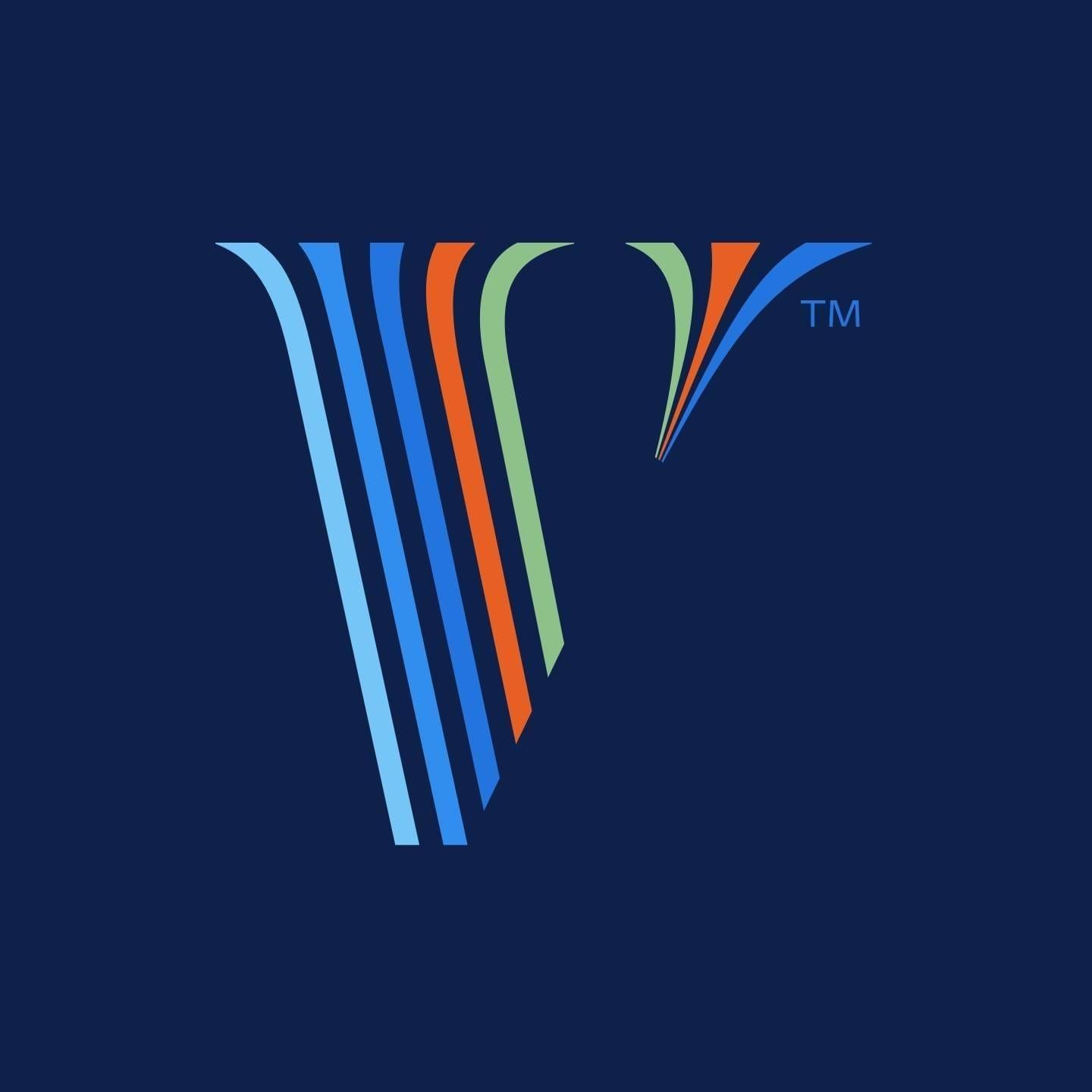 Stylized multicolor V logo on a dark blue background