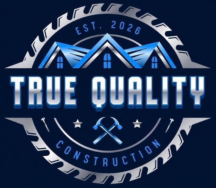 True Quality Construction logo with blue roof, silver saw blade, and crossed tools on a dark background