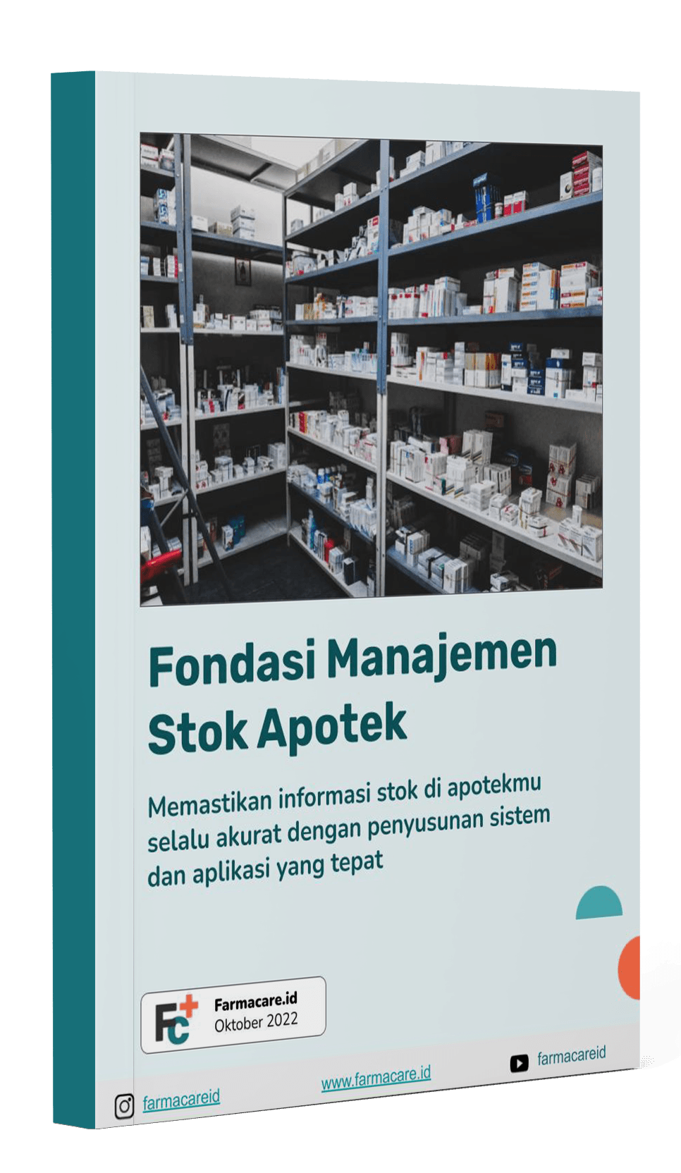 Sampul buku: Manajemen stok farmasi. Rak obat-obatan di dalam apotek. Judul dalam bahasa Indonesia.
