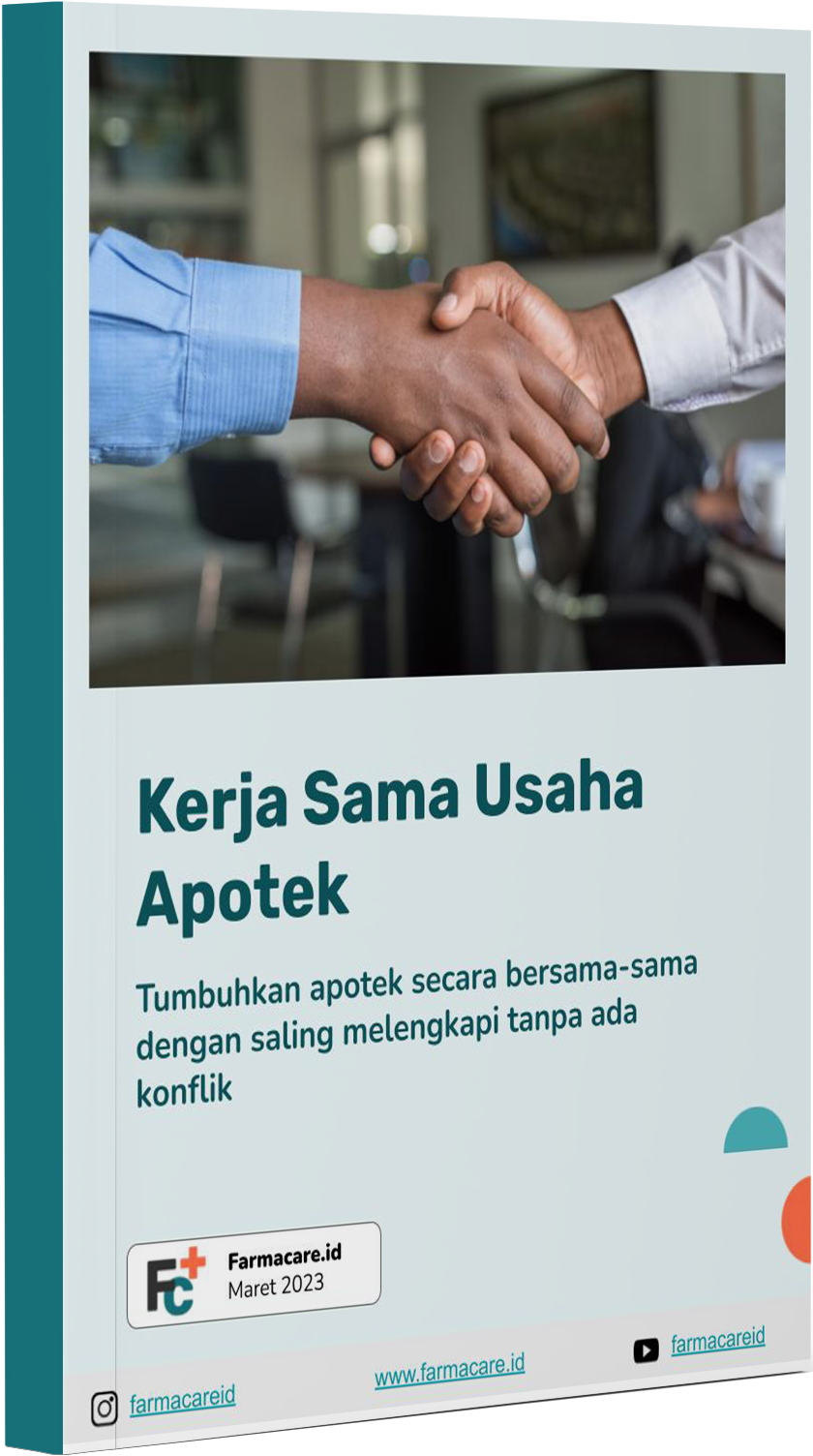 Dua orang berjabat tangan, poster promosi kerja sama bisnis farmasi. Teks dalam bahasa Indonesia.