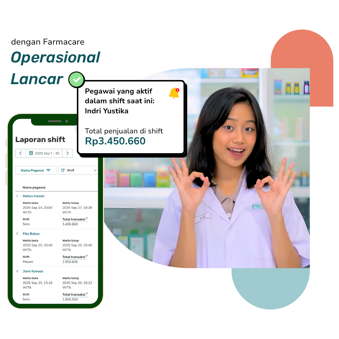 Seorang apoteker menunjukkan isyarat setuju, dengan layar ponsel menampilkan laporan shift, teks tentang karyawan yang sedang bertugas, dan penjualan.