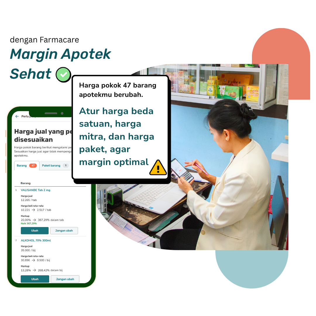 Seorang wanita di apotek, mengatur harga di tablet. Teks tersebut memberikan saran tentang penetapan margin keuntungan yang optimal.