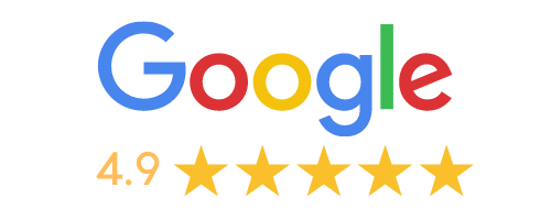 Logo Google dengan peringkat 4,9 dan lima bintang emas.