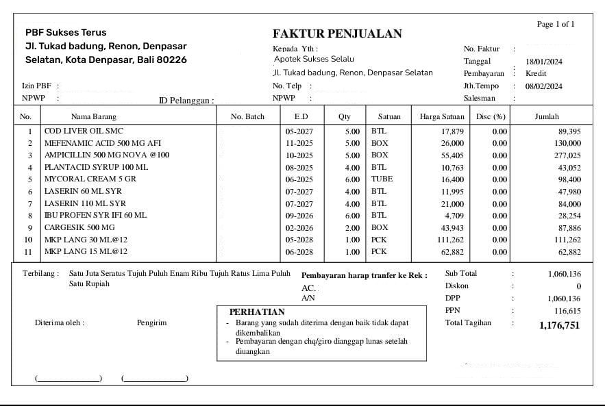 Faktur penjualan dari suatu bisnis, mencantumkan item, jumlah, harga, dan total.